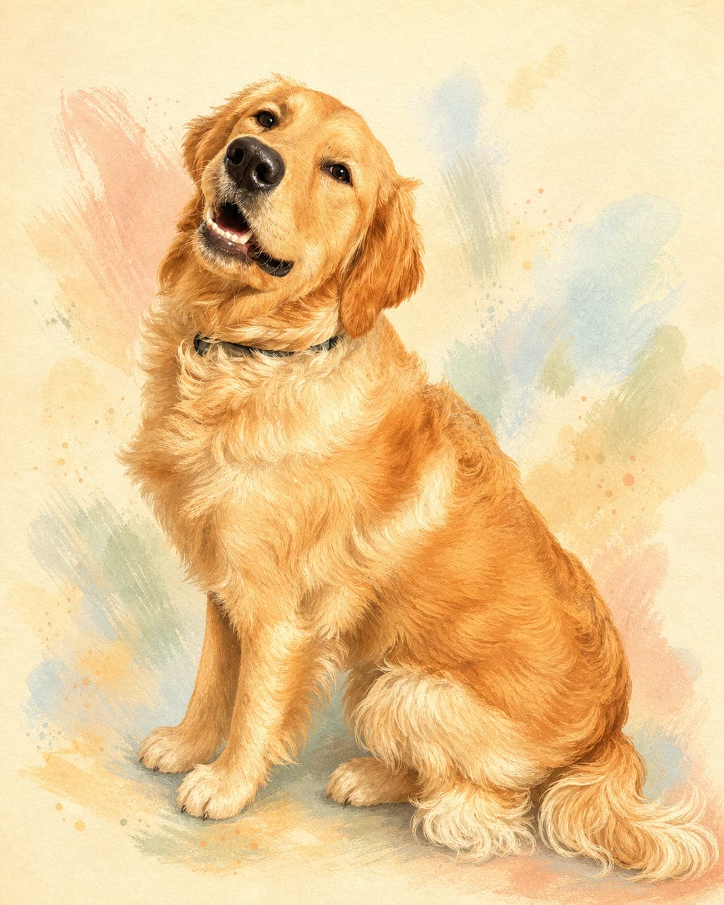 The same golden retriever, painted in gouache and watercolour.