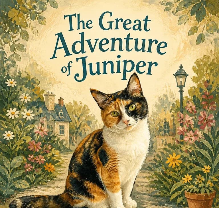The Great Adventure of Juniper: the same calico painted in a cottage garden — the same split face, the same green eyes.