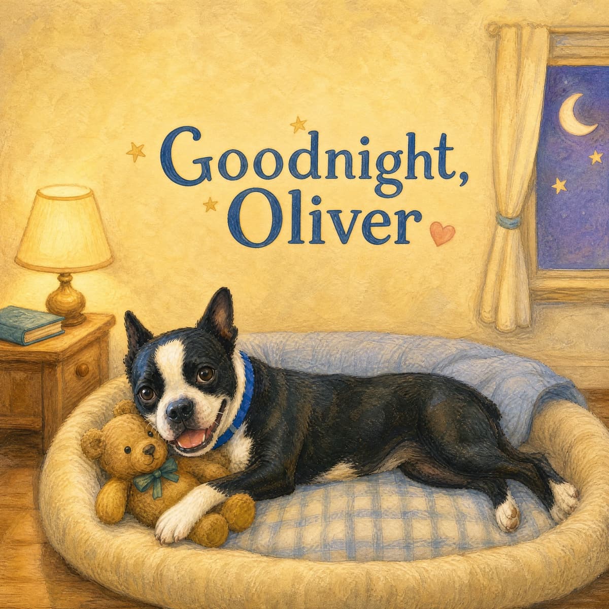 Goodnight, Oliver: the same Boston terrier painted lying on his side in a plush bed beneath the title lettering, ears up, dark eyes to the reader and a happy open smile — the same white blaze, the same blue collar — one paw over a teddy with a bow in a lamplit bedroom.