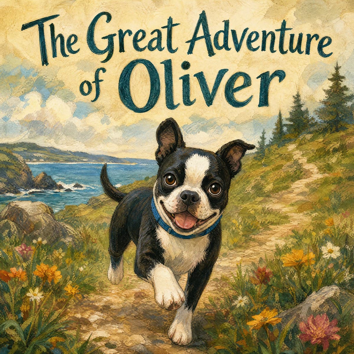 The Great Adventure of Oliver: the same Boston terrier painted running down a coastal path — the same white blaze, the same blue collar, tongue out.