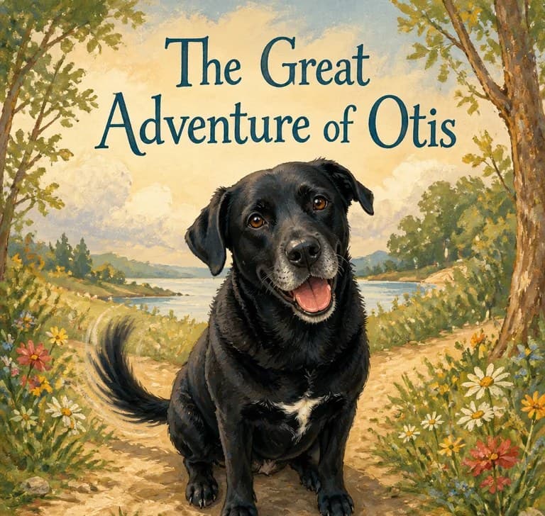 The Great Adventure of Otis: the same black lab painted on a country path — grey muzzle, white chest patch, tongue out.