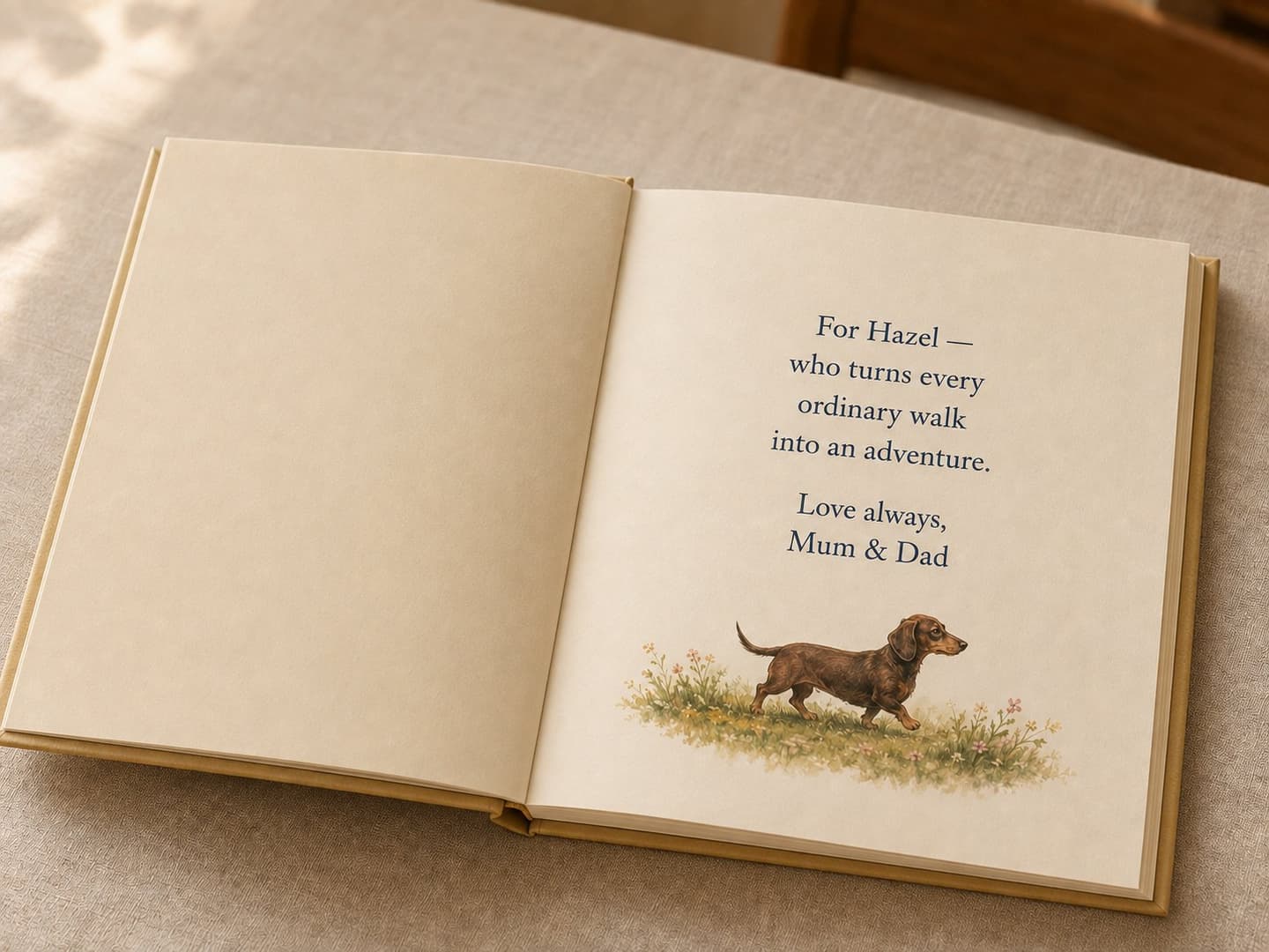 The book open at its first page: a typeset dedication above a small painting of the pet.