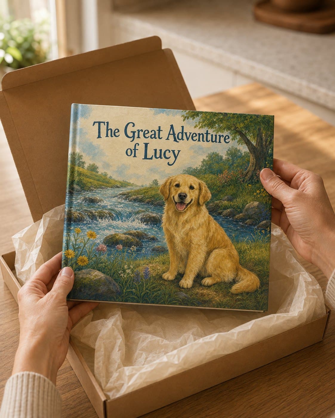 The finished hardcover, The Great Adventure of Lucy, being lifted out of its box in two hands.