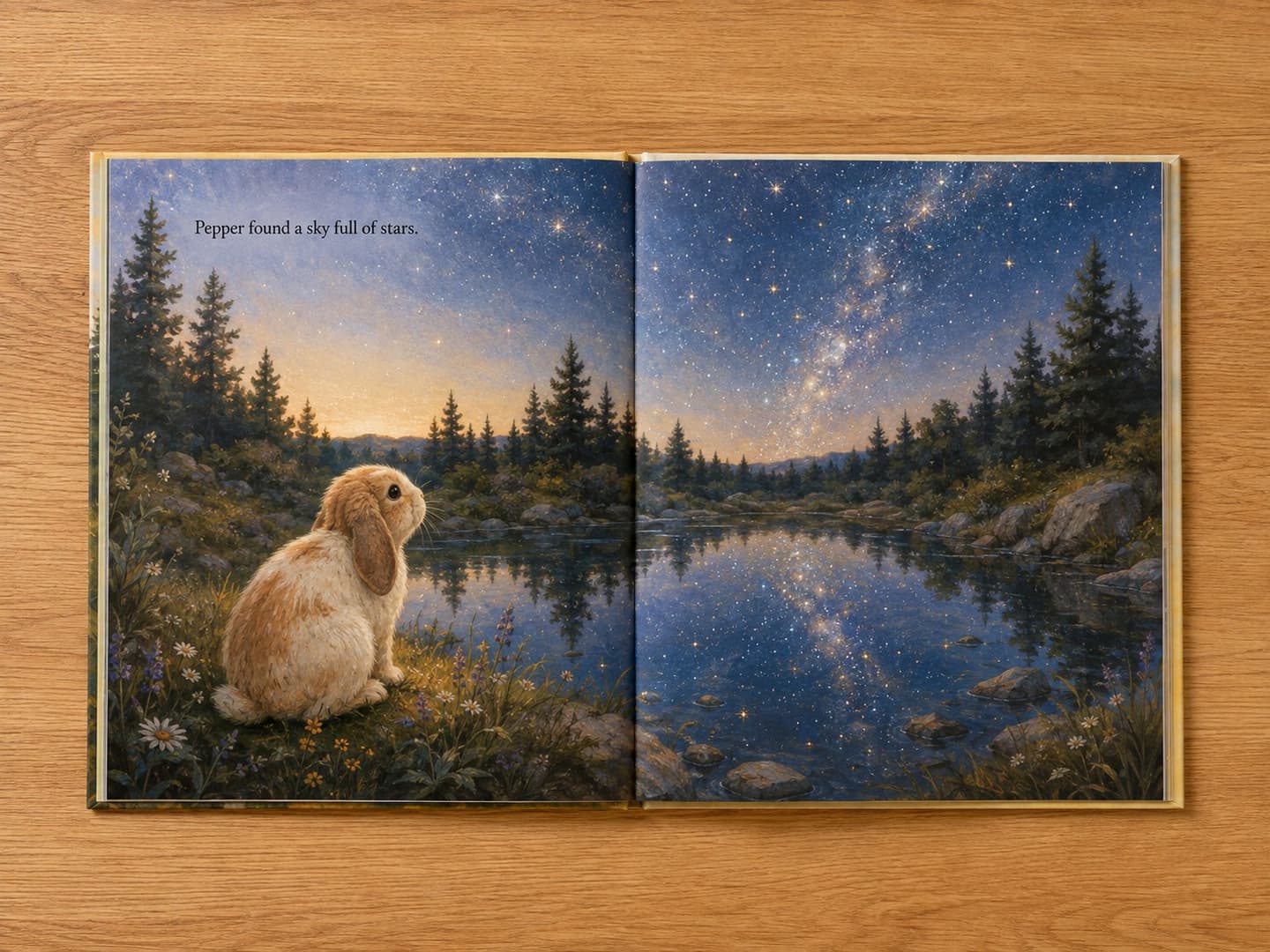 The book open flat: one painting running across both pages.