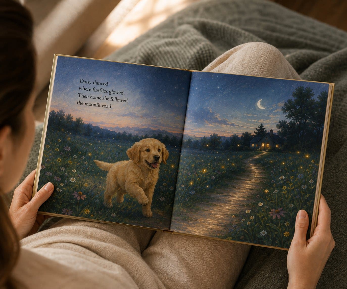 The book open on a reader's lap, one painting running across both pages.