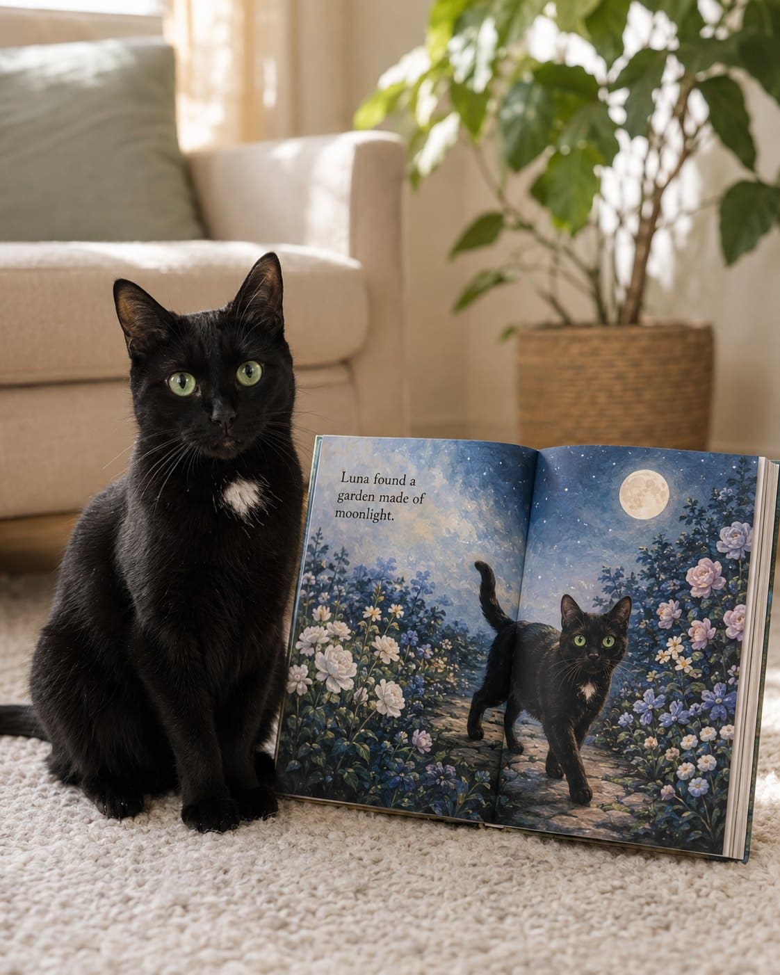 A black cat sitting on a rug beside an open copy of its own book.