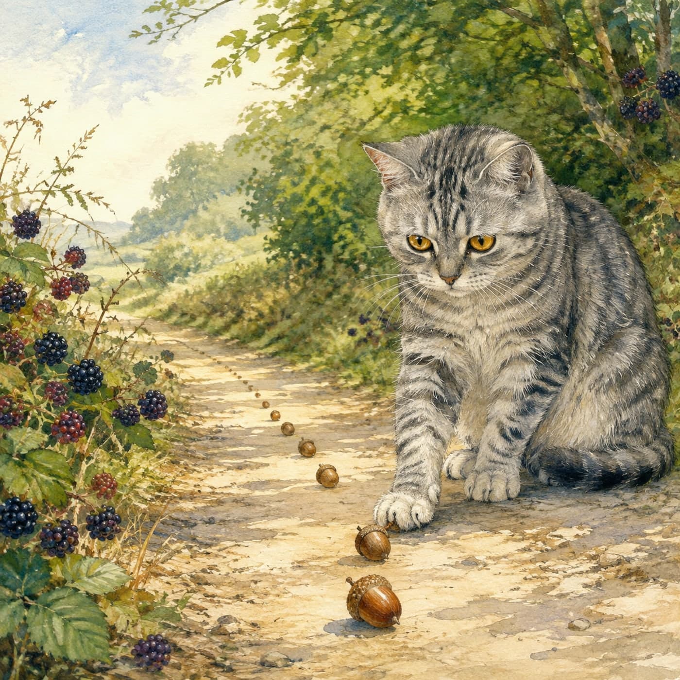 A watchful tabby cat studying a line of acorns on a sunlit lane bordered by blackberry leaves, in fine storybook watercolor.