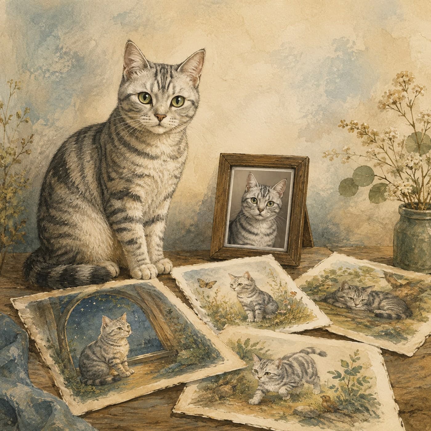 A tabby cat beside a small framed photo and painted story pages on a quiet studio table, rendered in tactile watercolor.