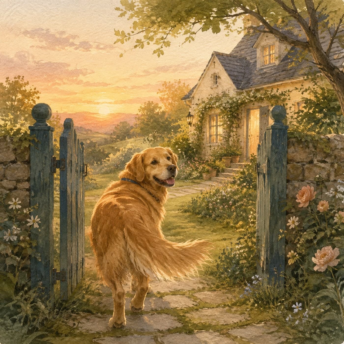 A golden retriever stepping through an open garden gate toward a warmly lit cottage, painted in tender late-afternoon watercolor.