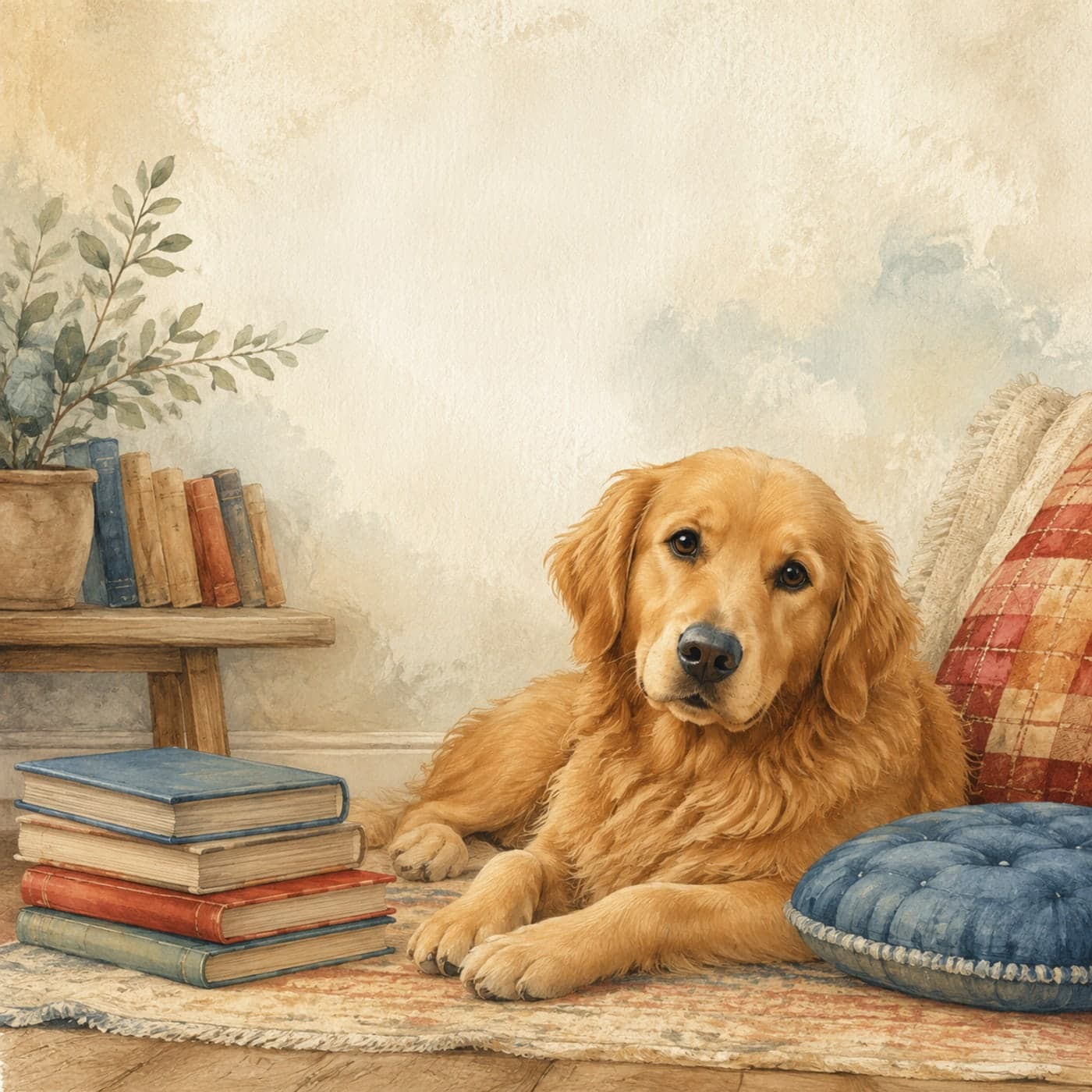 A warm golden retriever resting beside a stack of picture books and a small child-sized reading cushion, with no people visible.