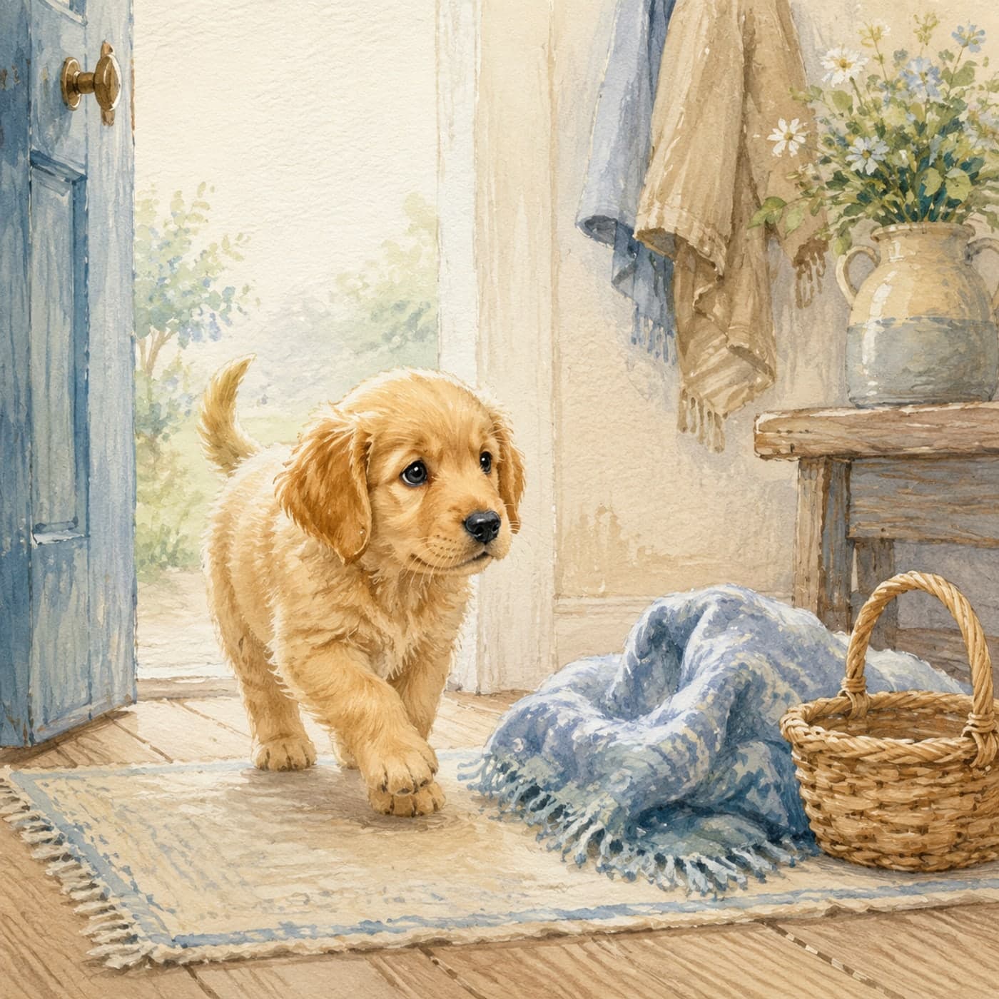 A small golden puppy exploring a cozy entryway with one blue blanket and a tiny empty basket, in warm storybook watercolor.