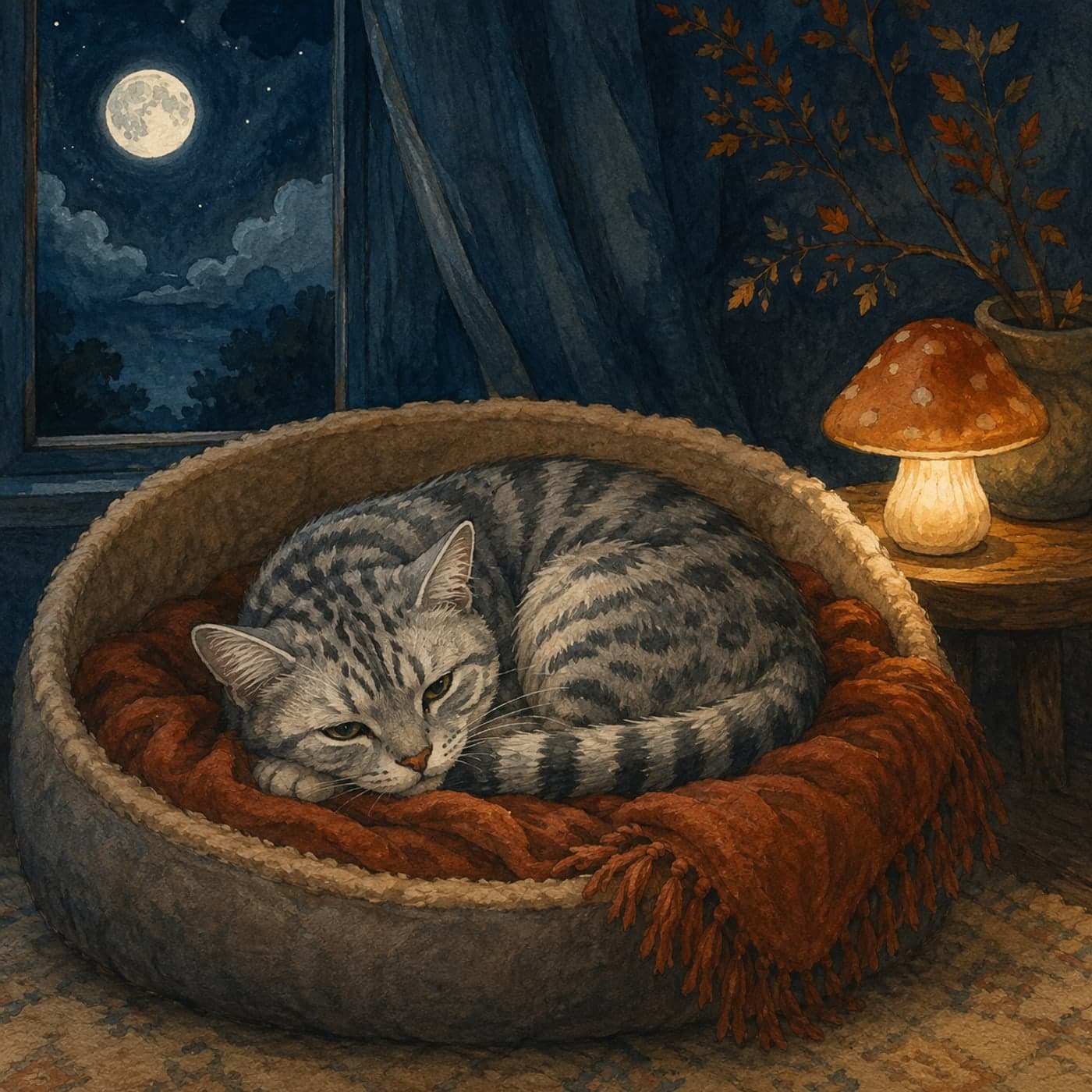 A silver tabby cat curled in a round bed beneath a moonlit window, painted in deep blue, amber, and soft watercolor texture.