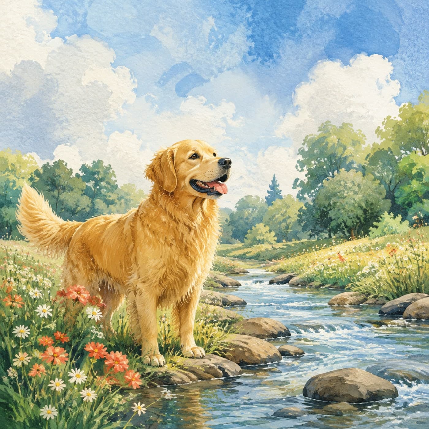 A happy golden retriever standing heroically beside a sparkling stream and wildflowers in traditional gouache and watercolor.