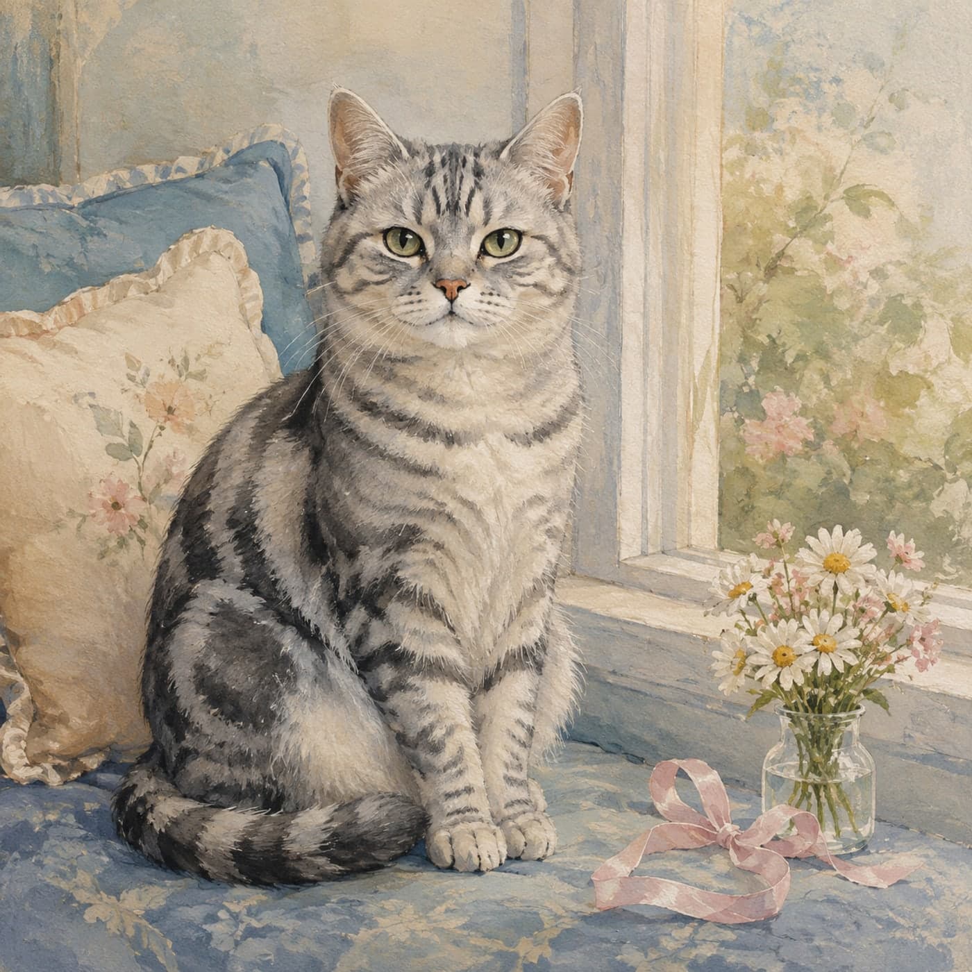 A dignified tabby cat sitting beside a tiny vase of daisies and a closed gift ribbon on a window seat, in elegant watercolor.
