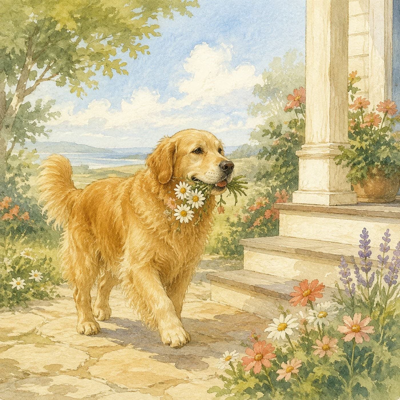 A content golden retriever carrying a small bunch of garden daisies toward a porch, painted in warm elegant watercolor with no people shown.