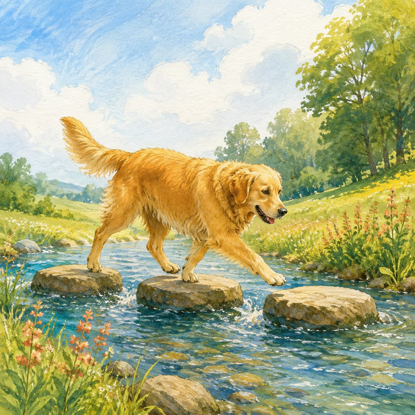 A golden retriever crossing three stepping stones above a sparkling stream, with meadow and woods beyond in painted storybook style.