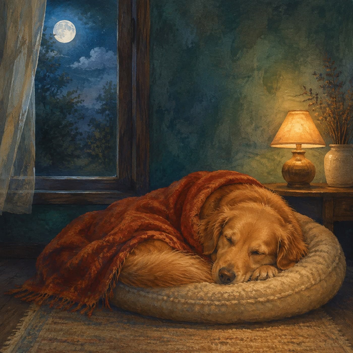 A sleepy golden retriever curled beneath a rust-colored blanket beside a softly glowing moonlit window.