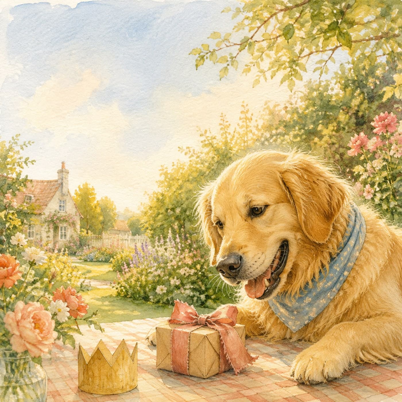 A joyful golden retriever discovering one small wrapped gift and a paper crown at a sunlit garden picnic.