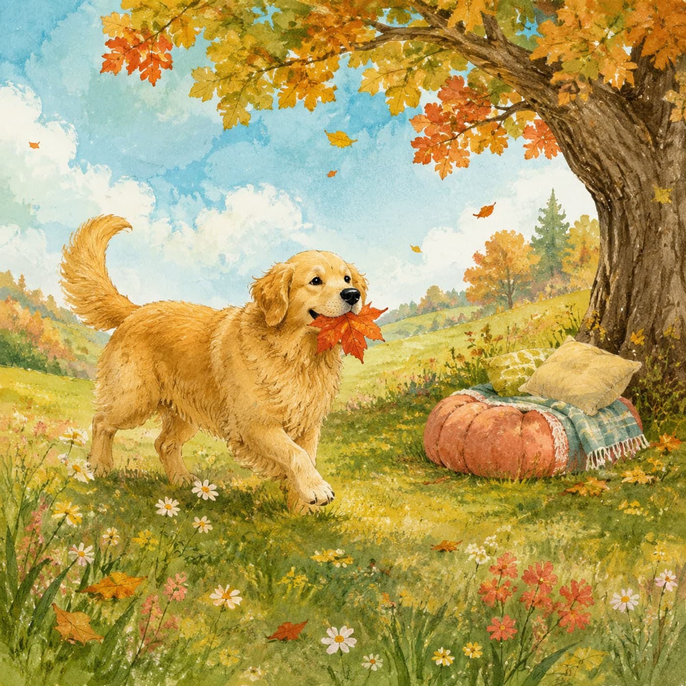 A friendly golden retriever carrying a small leaf like a treasure through a bright meadow, painted as a classic children’s picture-book scene.