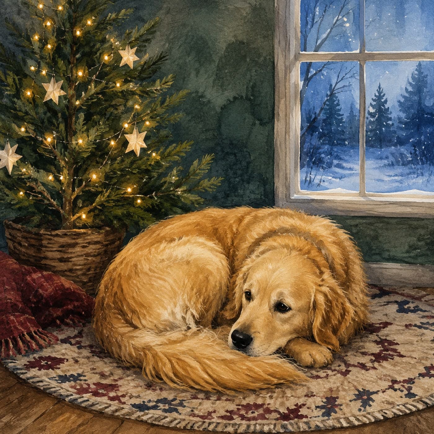 A golden retriever curled beside a small evergreen tree lit with warm white lights, in quiet painterly watercolor with no people.