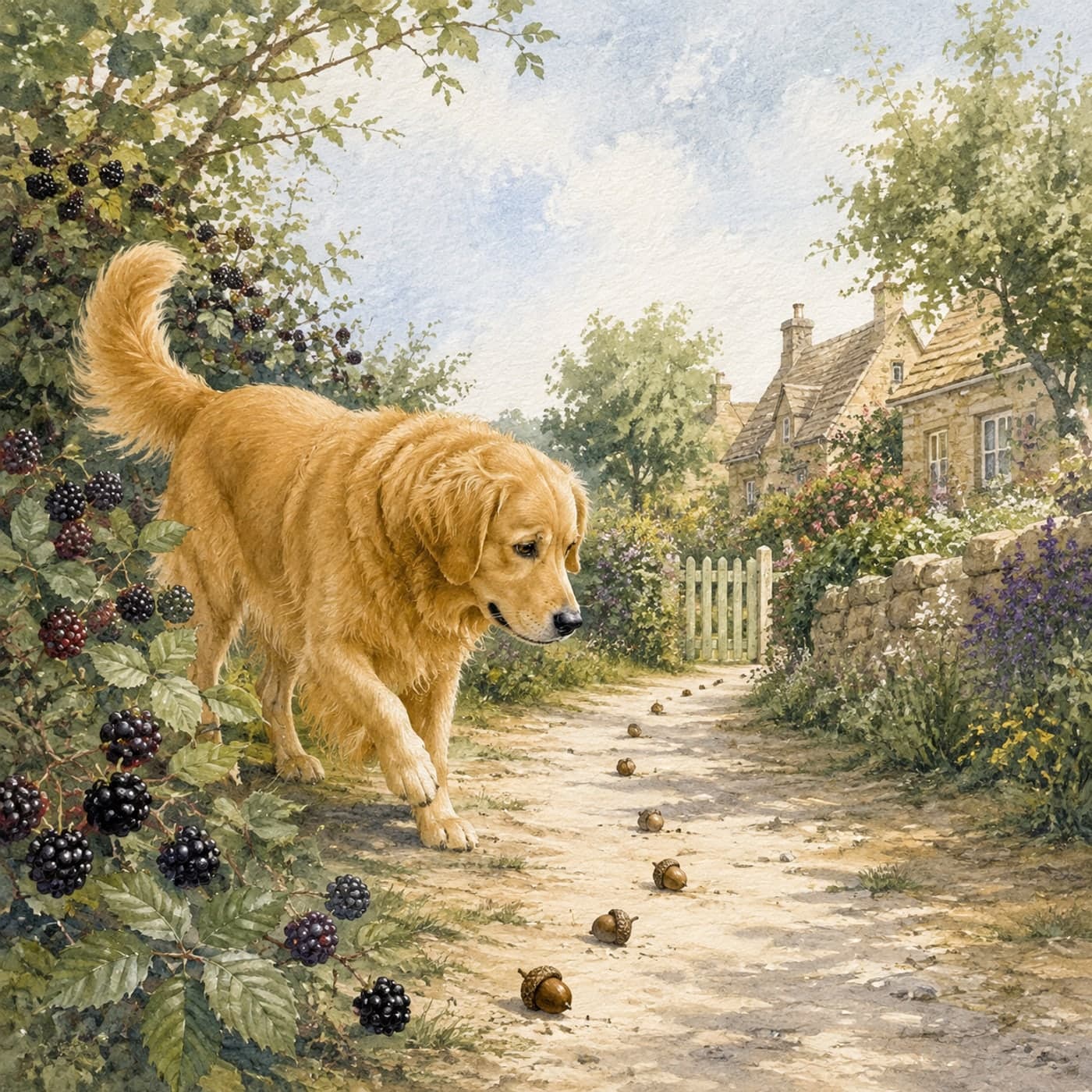 A curious golden retriever following a trail of acorns along a blackberry lane, in detailed traditional storybook watercolor.