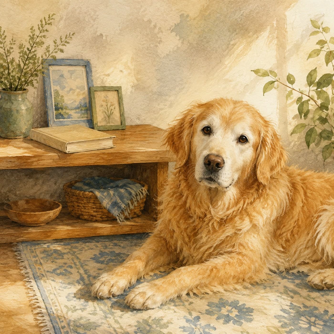 A beloved golden retriever resting near a shelf of family keepsakes in warm afternoon light, painted with tactile watercolor texture.