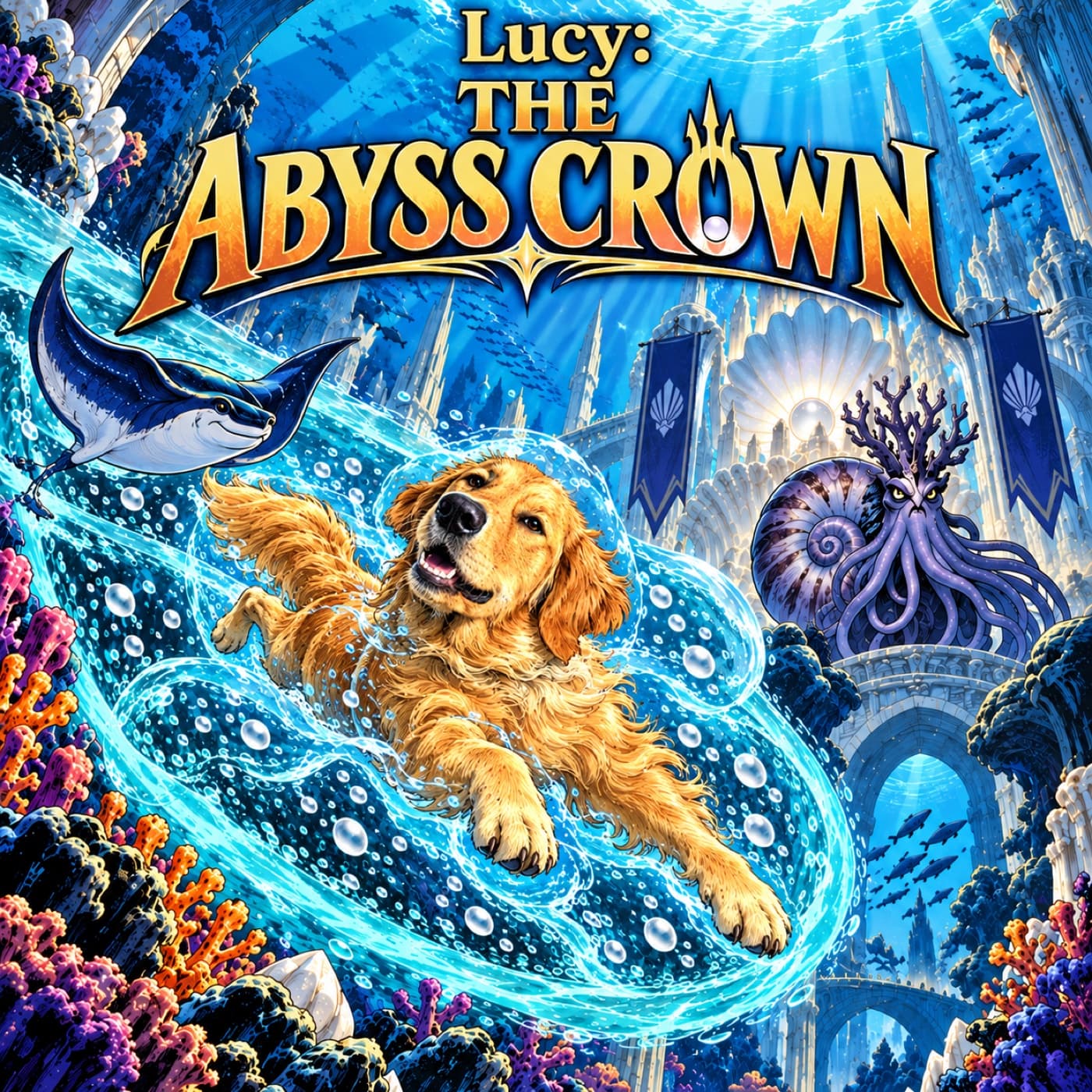 Example cover with our sample dog Lucy, a golden retriever, swimming through a turquoise circular current beneath a clear breathing veil, with a blue ray and a nautilus among pearl reef towers.