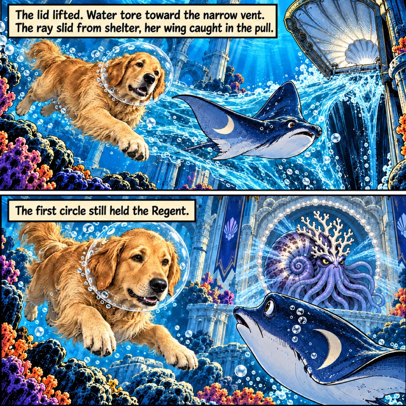 Two-panel underwater comic: Lucy swims in a transparent breathing veil beside a slate-blue ray pulled toward an open vent, while the nautilus Regent remains held behind a pearl-ringed chamber doorway.