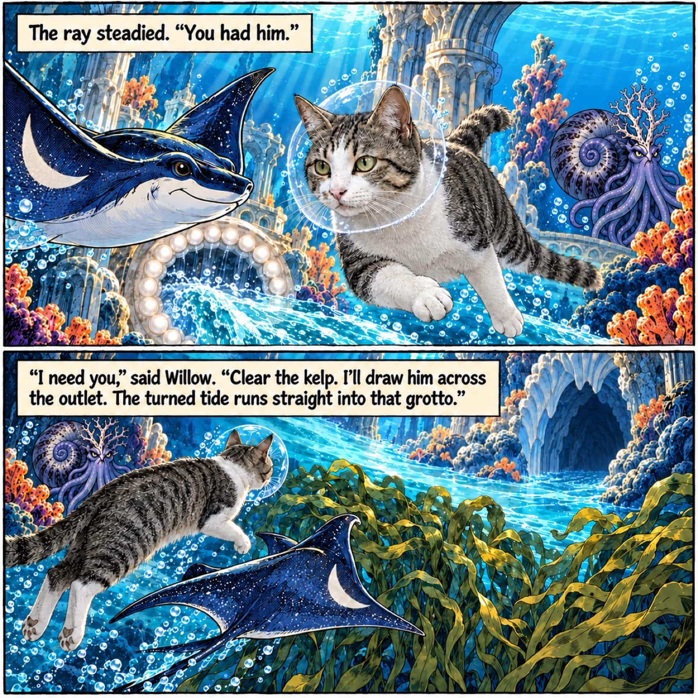 Willow and a blue ray plan a tide trap while the Regent waits outside an empty grotto.
