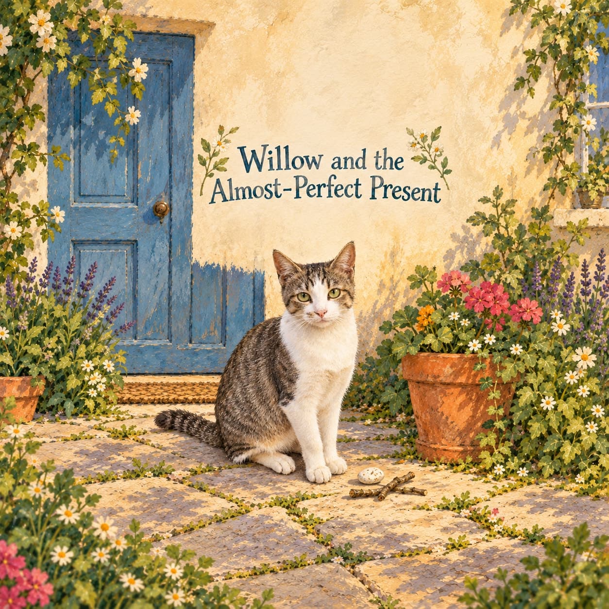 Willow, a grey tabby cat with white paws and chest, sits beside a small twig-and-pebble gift on pale paving, with a terracotta pot and blue door behind her.