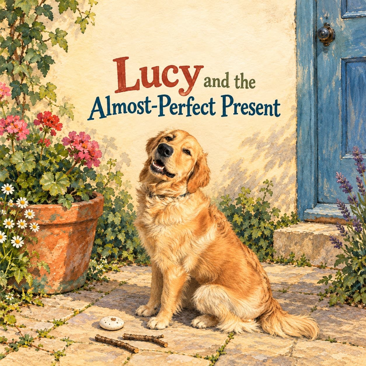 Lucy, a golden retriever, faces the reader beside a flowerpot, a speckled white pebble and two blunt pieces of a crooked twig by a blue kitchen door.