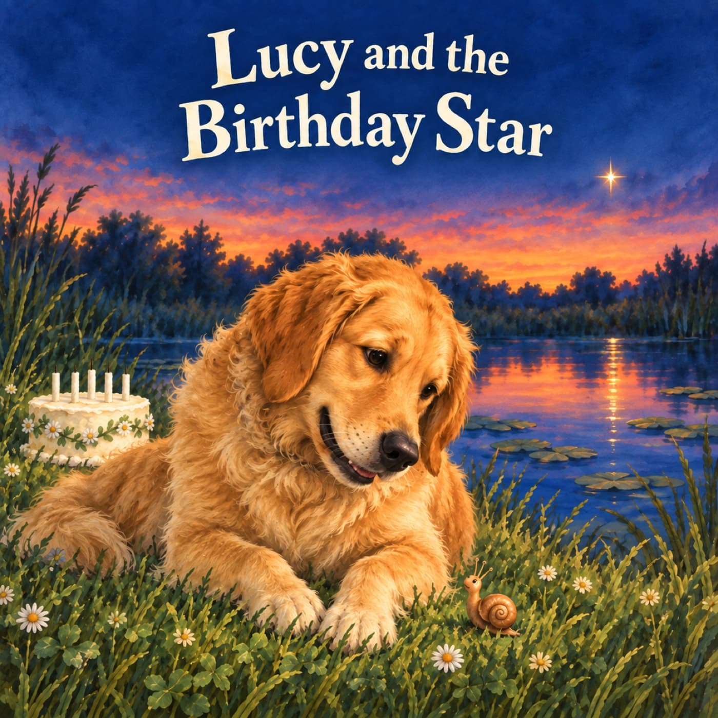 Front cover of Lucy and the Birthday Star: Lucy, a golden retriever, lies in the grass at a dusk pond looking closely at tiny Dot the snail; an unlit white cake sits behind them beneath one star and its reflection, with the cream title above.