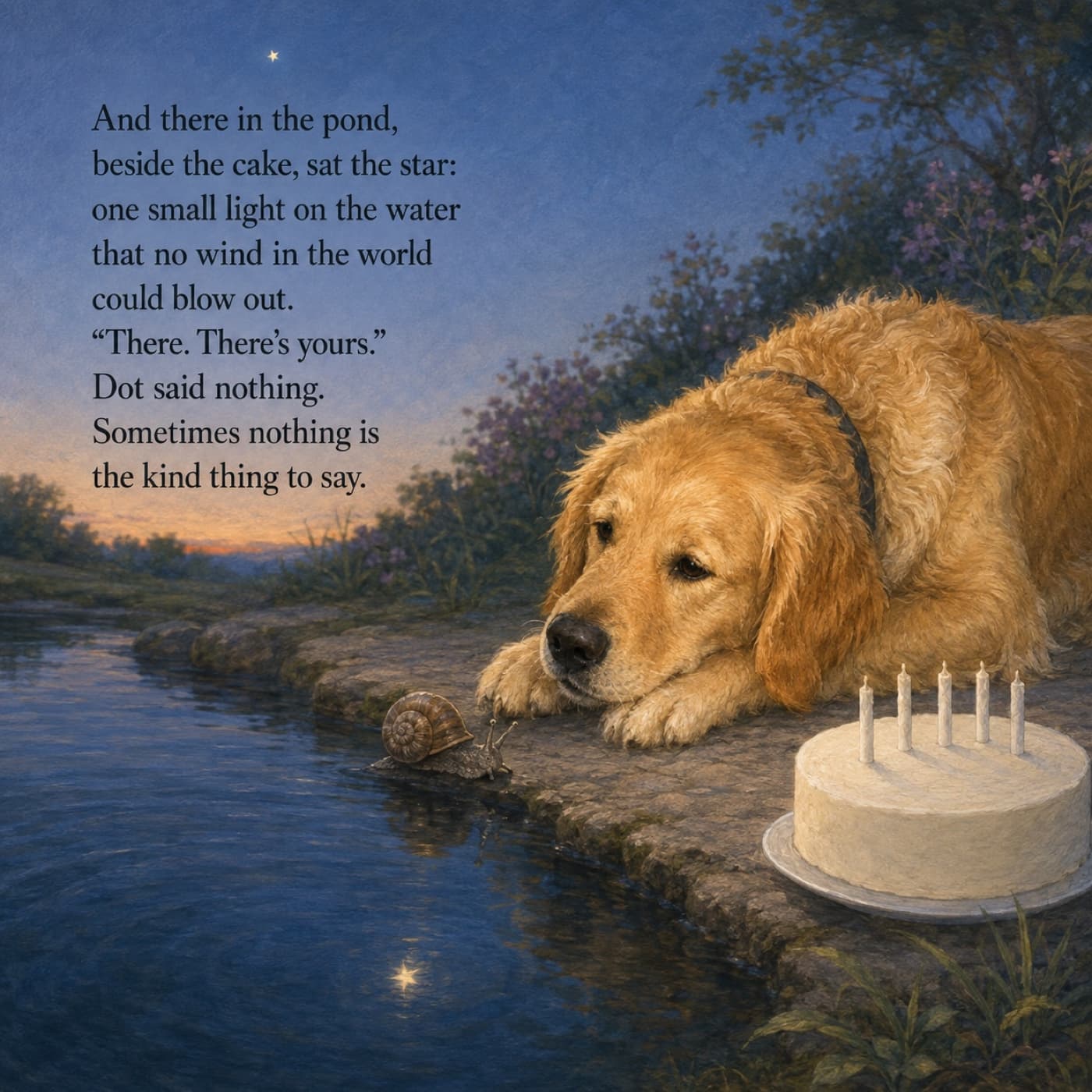 At dusk the hero pet stands nose to nose with a small snail in the long grass, one star already out above them, the party table and its unlit cake behind under a willow.
