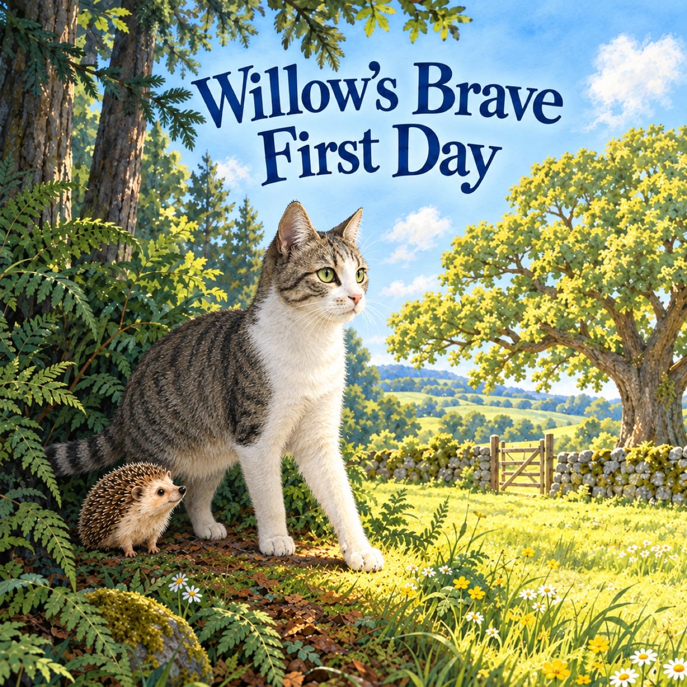 Front cover of Willow’s Brave First Day: a tabby-and-white cat holds the same hesitant step at the fern edge with one white front paw in the bright meadow, the tiny hedgehog beside her and the great oak ahead.