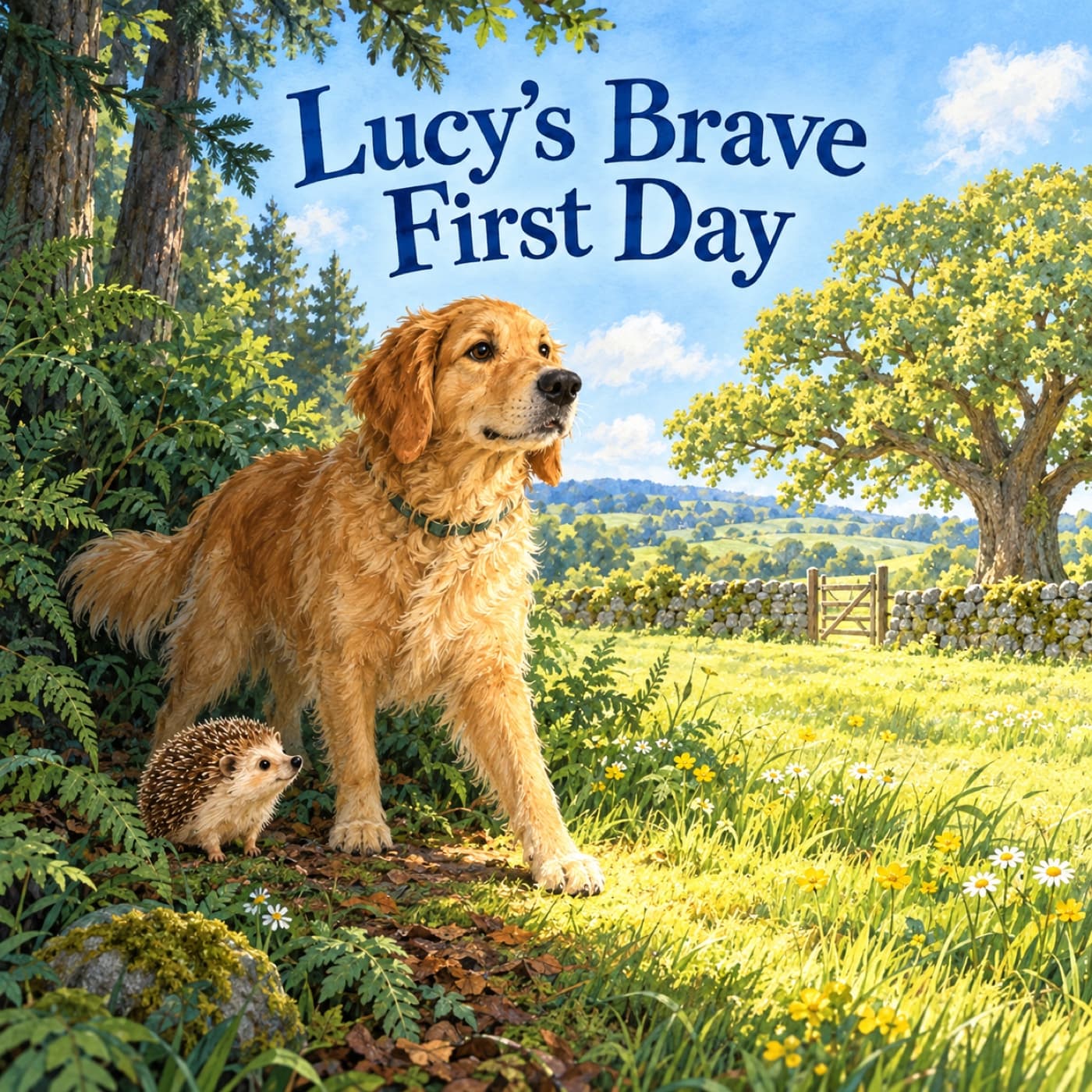 Front cover of Lucy’s Brave First Day: a golden retriever pauses at the edge of cool fern shade with one front paw in the bright meadow, a tiny hedgehog beside her, both looking toward the great oak ahead.