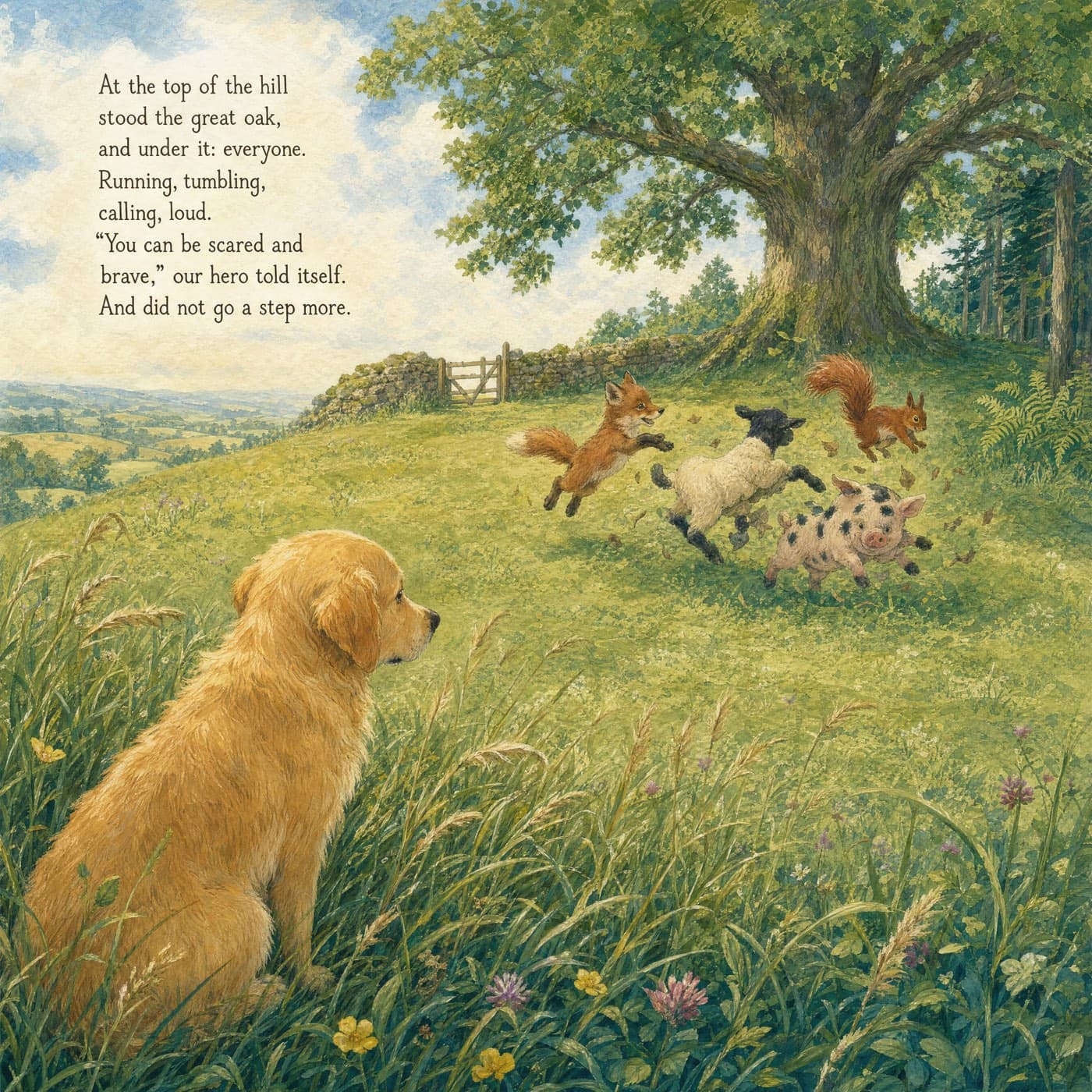 A page from the story, starring a golden retriever: she sits alone in tall meadow grass, watching a fox cub, a lamb, a piglet and a squirrel play under a great oak on the hilltop ahead.