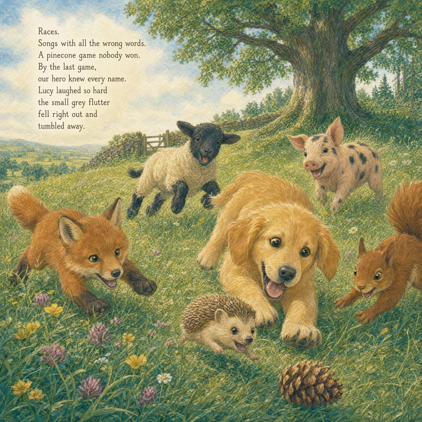 The same golden retriever bounding through the meadow grinning, with the fox cub, the lamb, the piglet, the squirrel and the little hedgehog all playing around her and a pinecone in the grass.