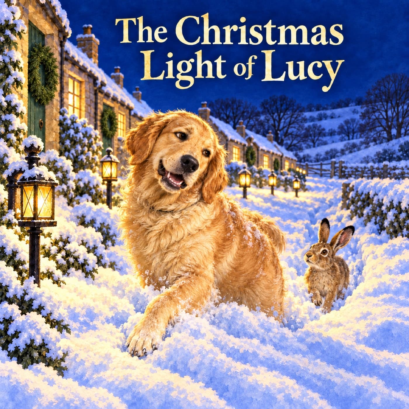Front cover of The Christmas Light of Lucy: Lucy, a golden retriever, presses a path through deep blue snow on a lantern-lit village lane, glancing back at one small brown leveret following in her trail.