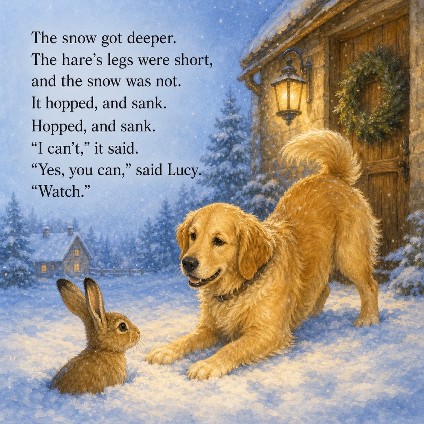 In lantern light outside a wreathed door, the hero pet bows low in deep snow to a small brown hare sunk to its chest, a lit cottage and snowy firs behind them.
