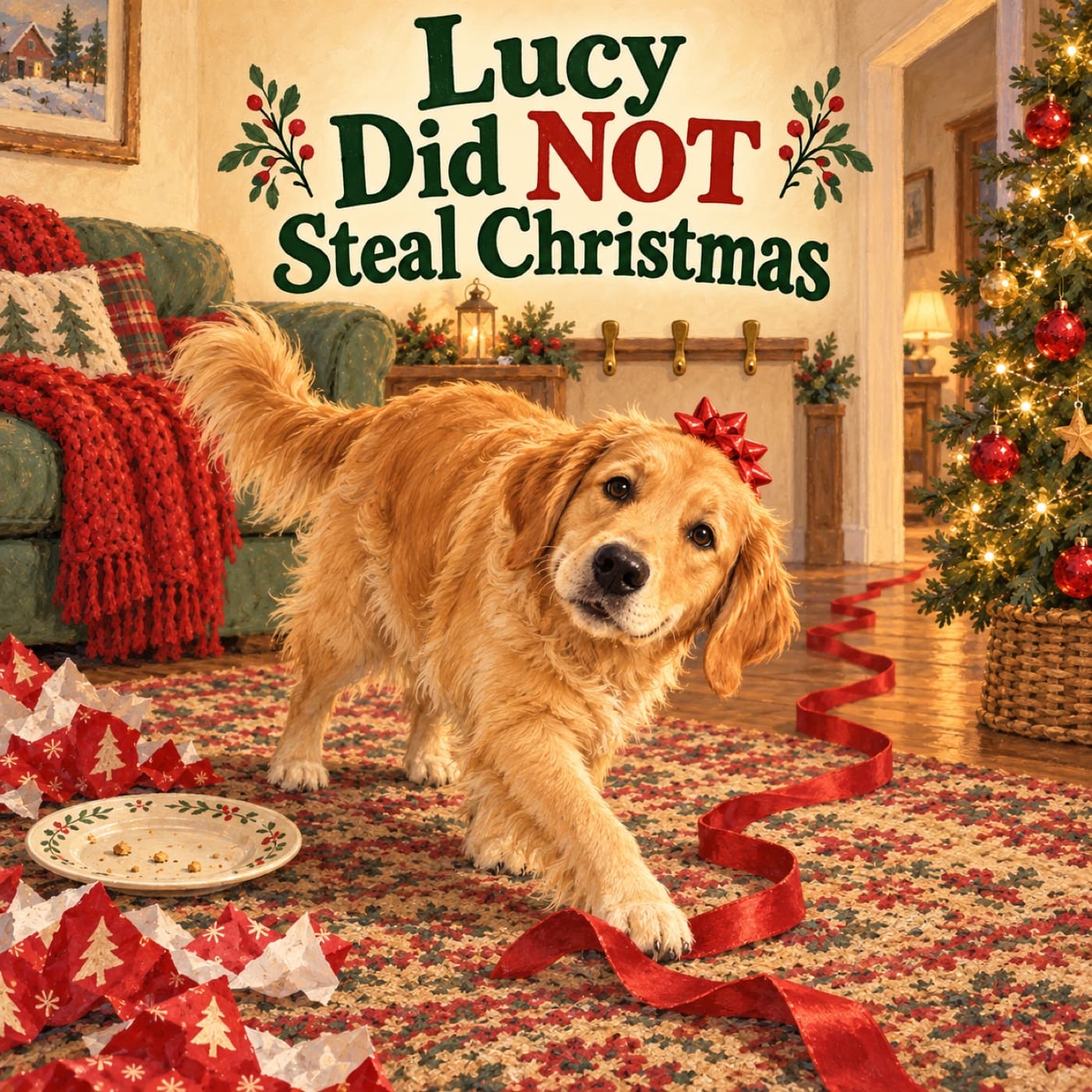 Front cover of Lucy Did NOT Steal Christmas: Lucy, a golden retriever with a loose red bow, steps across a patterned rug while following a red ribbon into the hall; empty stocking hooks, a bare tree base and a crumb plate sit behind her.