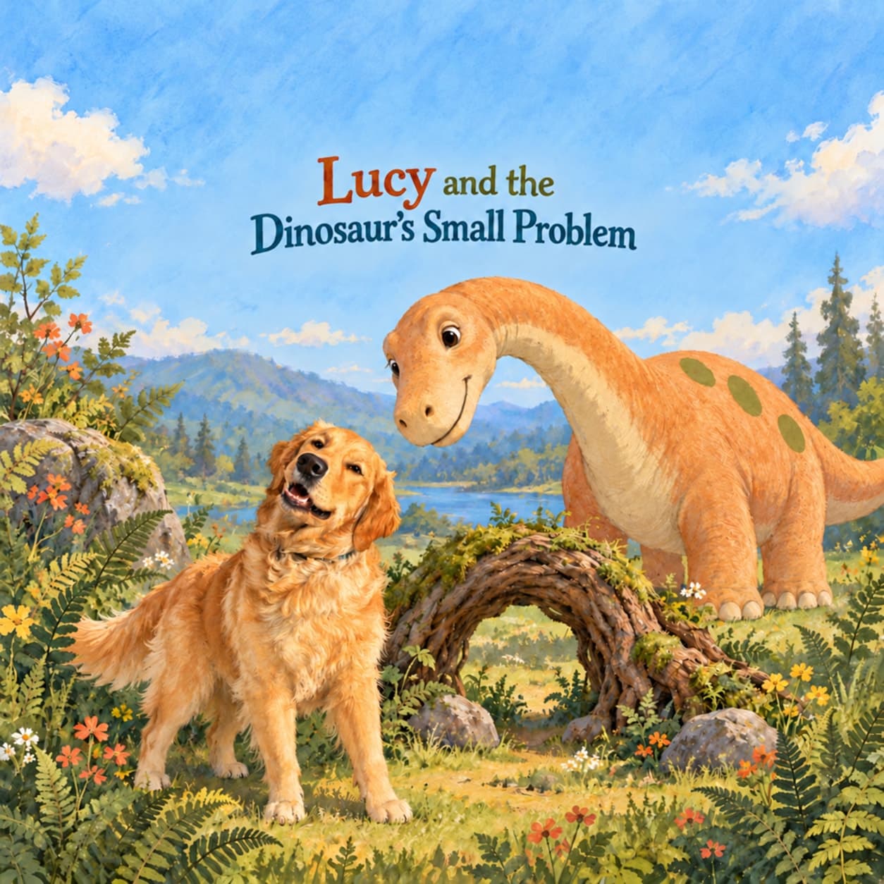 Front cover of Lucy and the Dinosaur’s Small Problem: golden retriever Lucy turns toward the reader beside a low fern-framed root arch while a friendly apricot long-necked dinosaur lowers its cream-throated face toward her.