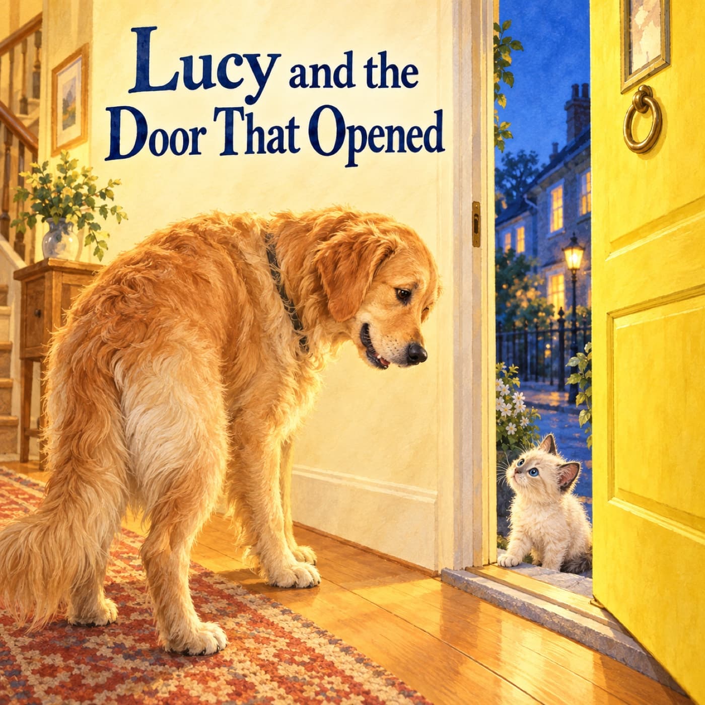 Front cover of Lucy and the Door That Opened: Lucy, a golden retriever, stands inside a warm hall and looks patiently through the wide-open yellow door at a hesitant cream kitten still outside in the blue evening.