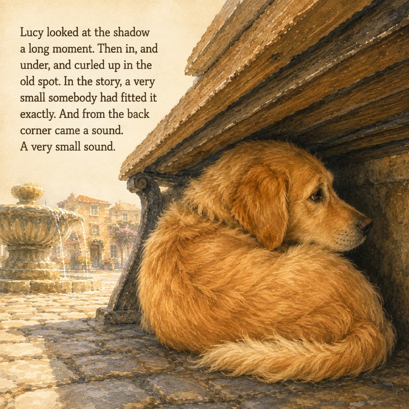A page from the story: the hero pet curled under an old wooden bench in a sunny town square, too big for the shadowed space now, one ear turned toward the corner at the very back.