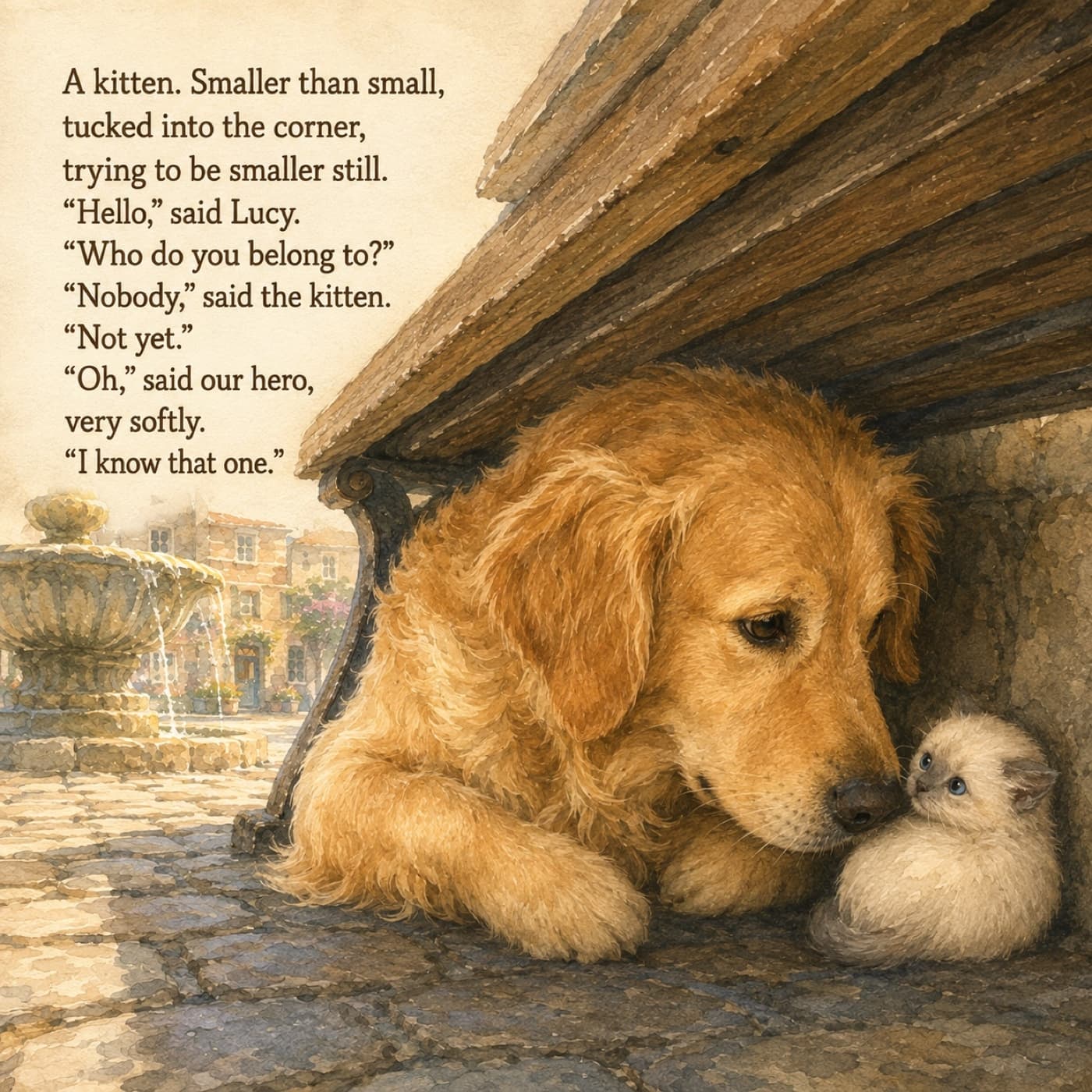 The next page: under the same bench, the hero lowers its face to a tiny cream-and-grey kitten tucked into the corner, who looks up with round blue eyes.