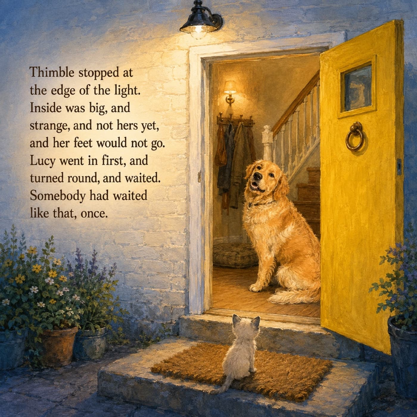 A page near the end: seen from the pavement outside in blue evening, the hero sits inside an open yellow front door, lit gold from the hall, waiting for the small kitten on the mat to come in.