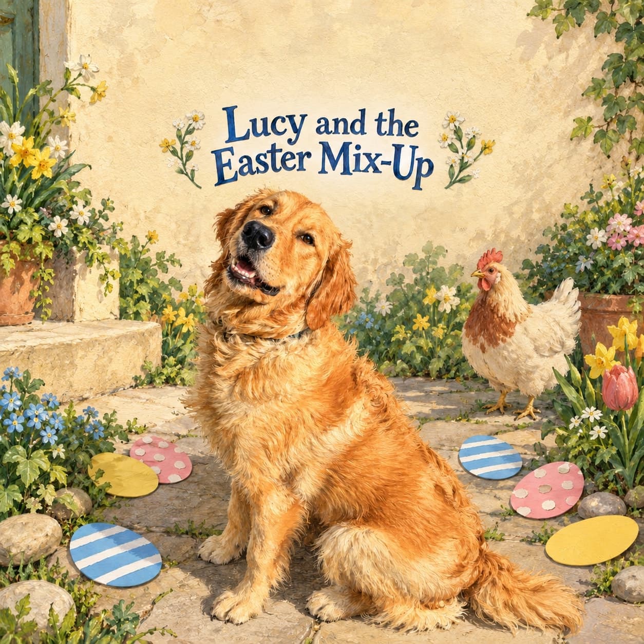 Front cover of Lucy and the Easter Mix-Up: golden retriever Lucy faces the reader beside broad white-striped blue, white-spotted pink and yellow paper egg shapes, with a cream hen and a low sunlit garden step behind.