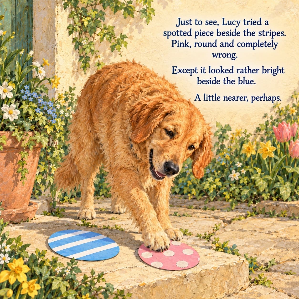 Golden retriever Lucy gently touches a white-spotted pink paper egg with a front paw beside a larger white-striped blue paper egg on a low dry doorstep, with the story text on the cream wall above.