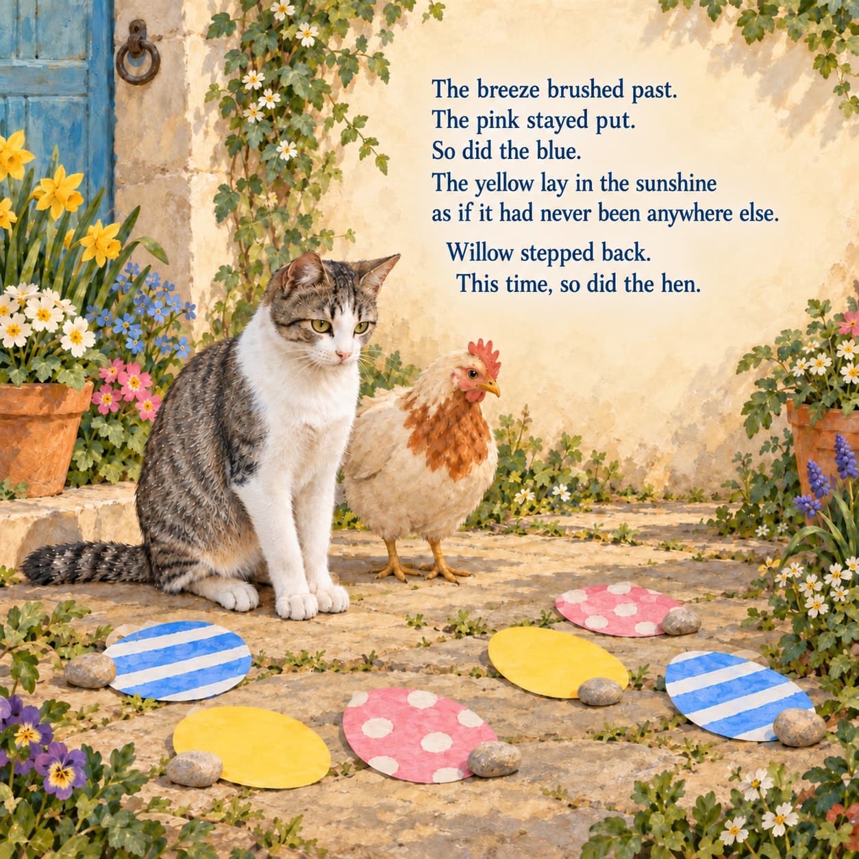 Tabby-and-white Willow and a cream hen with a chestnut chest patch admire flat blue-and-white striped, pink-and-white spotted and yellow paper eggs on a sheltered garden path, each held by a smooth stone, with the story text above.