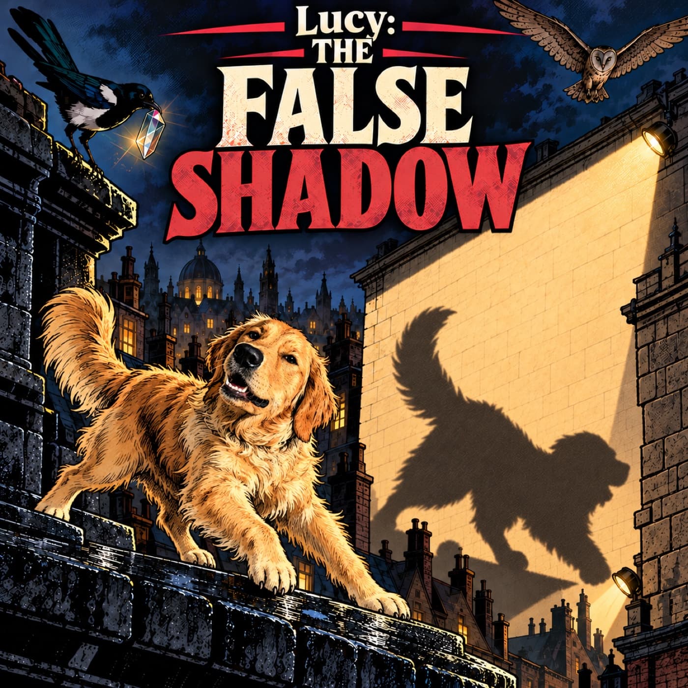 Example cover with our sample dog Lucy, a golden retriever, wearing a burgundy cape and advancing along a dark rooftop beside a large dog-shaped shadow on a lamp-lit wall; a magpie holds a prism above and an owl flies overhead.