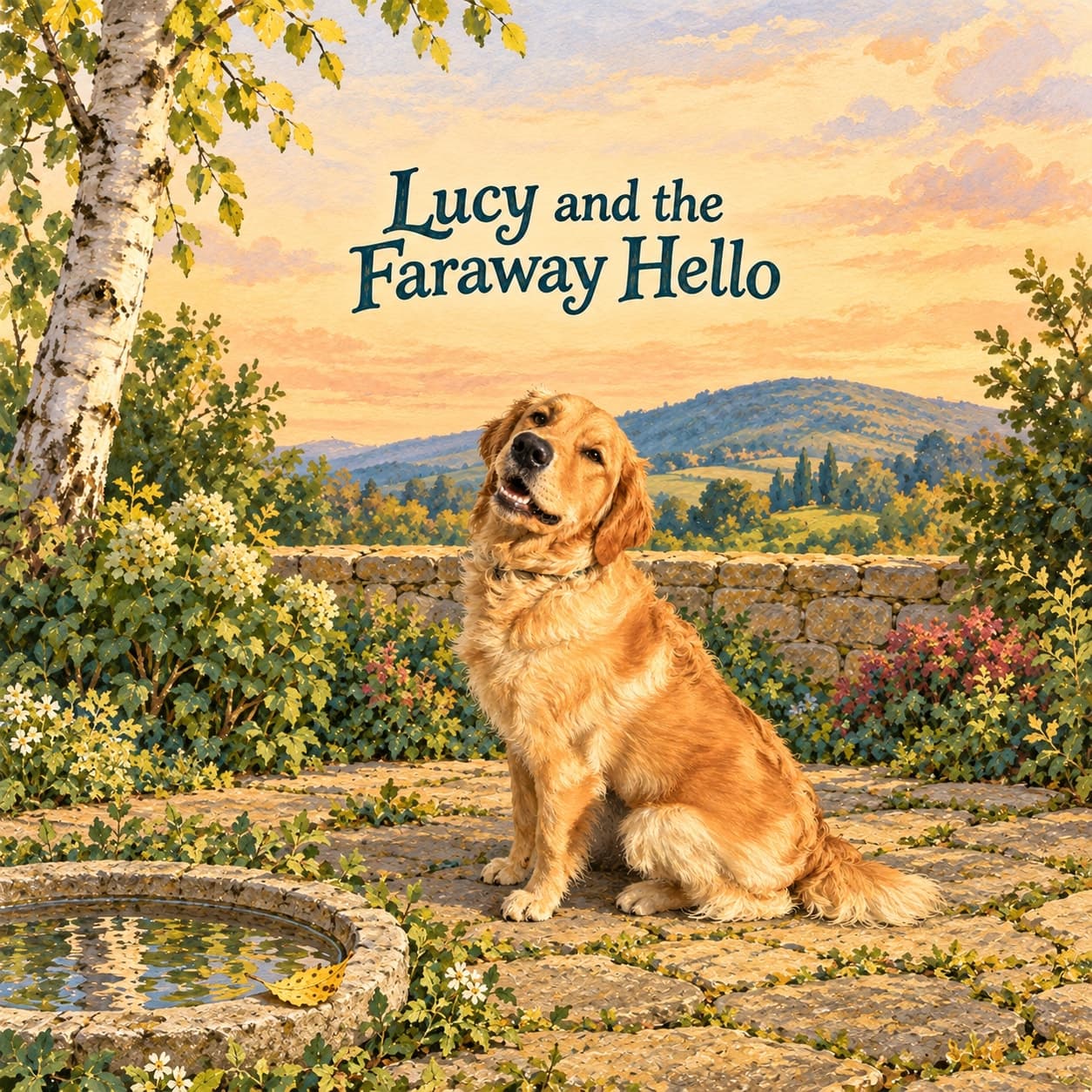 Lucy, a golden retriever, faces the reader beside a shallow stone basin and a curled yellow leaf, with a birch tree and rounded hill behind her.